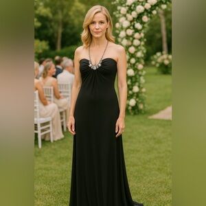 Elegant Black Strapless Evening Gown with Attached Statement Necklace - Size 10